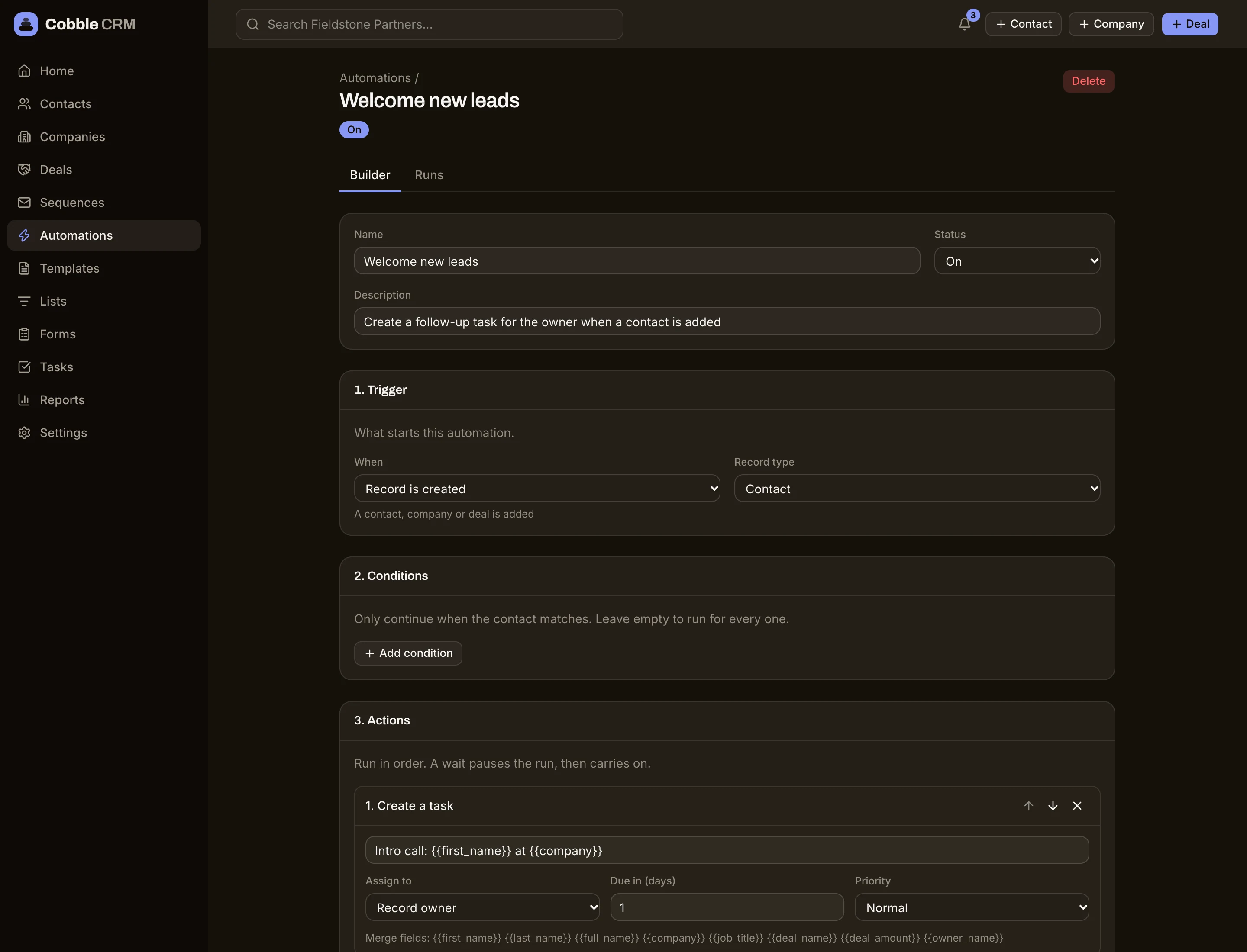 An automation builder showing a trigger, conditions and actions