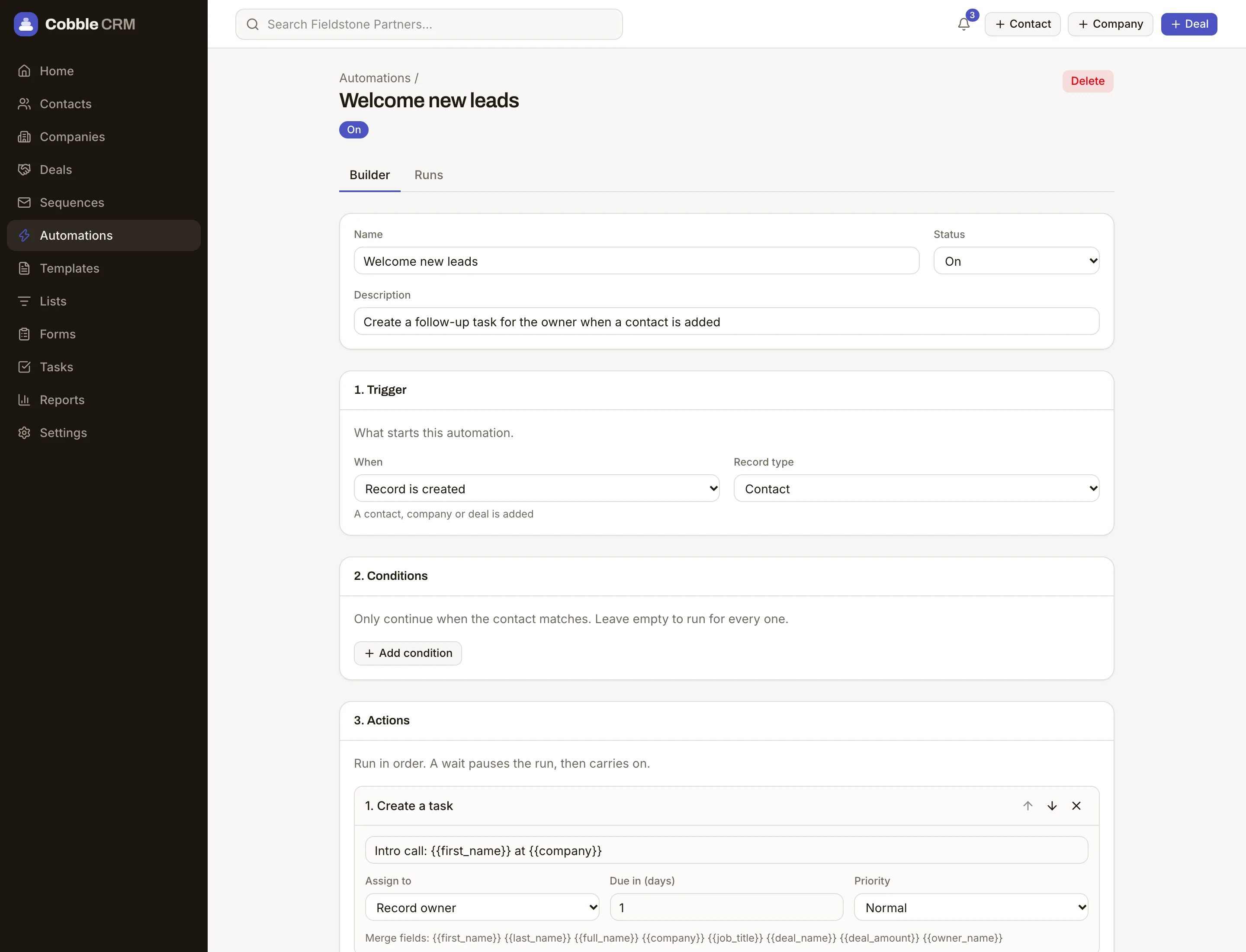 An automation builder showing a trigger, conditions and actions
