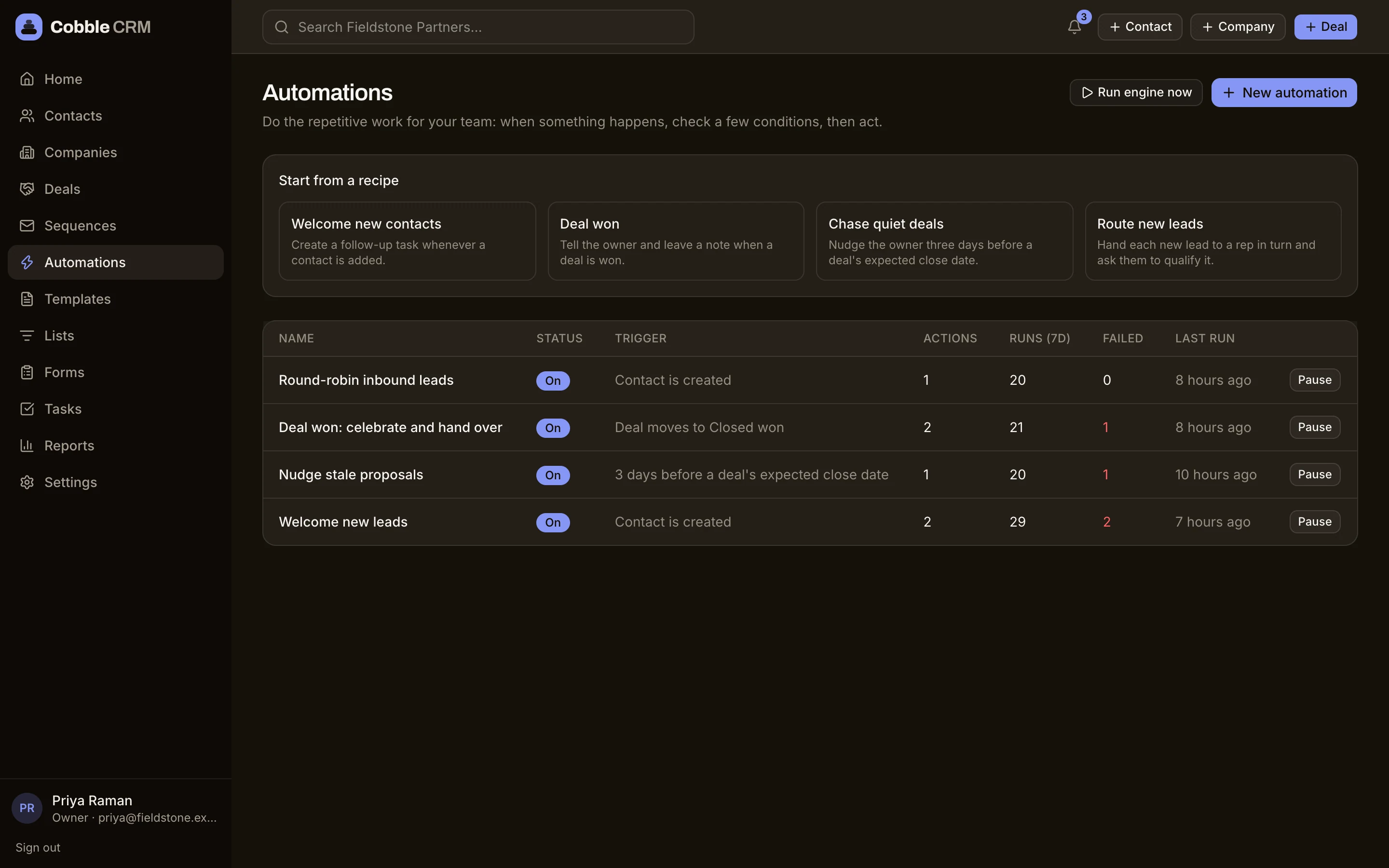 A list of automations with run counts