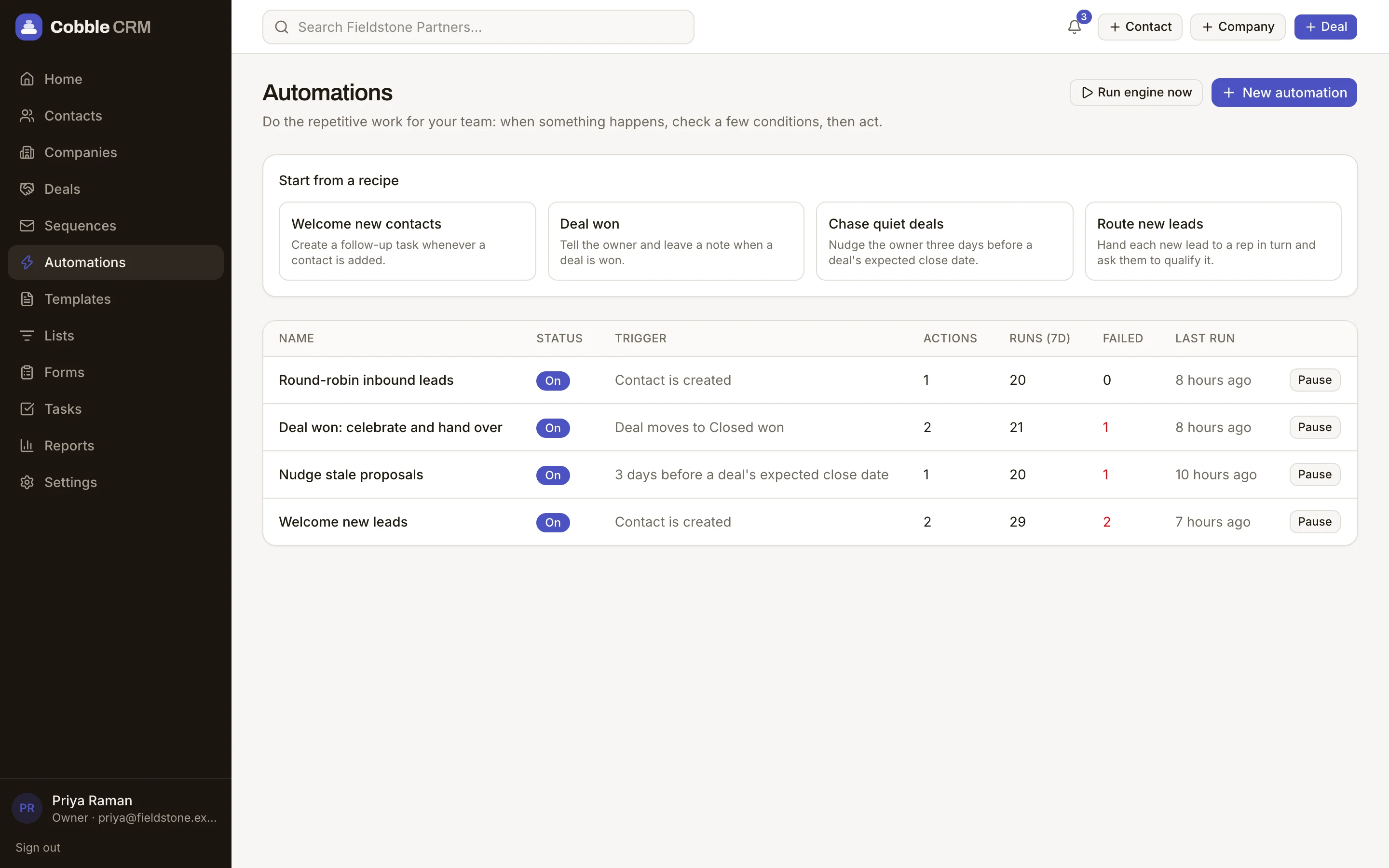 A list of automations with run counts