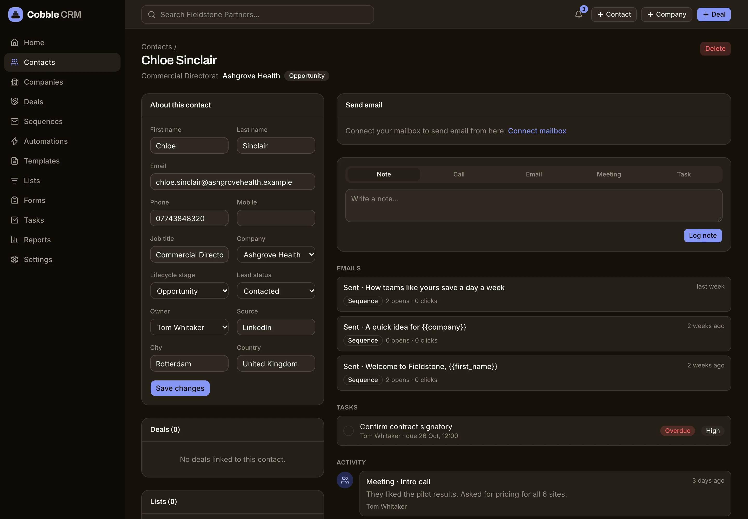 A contact record with a timeline of emails, calls and notes