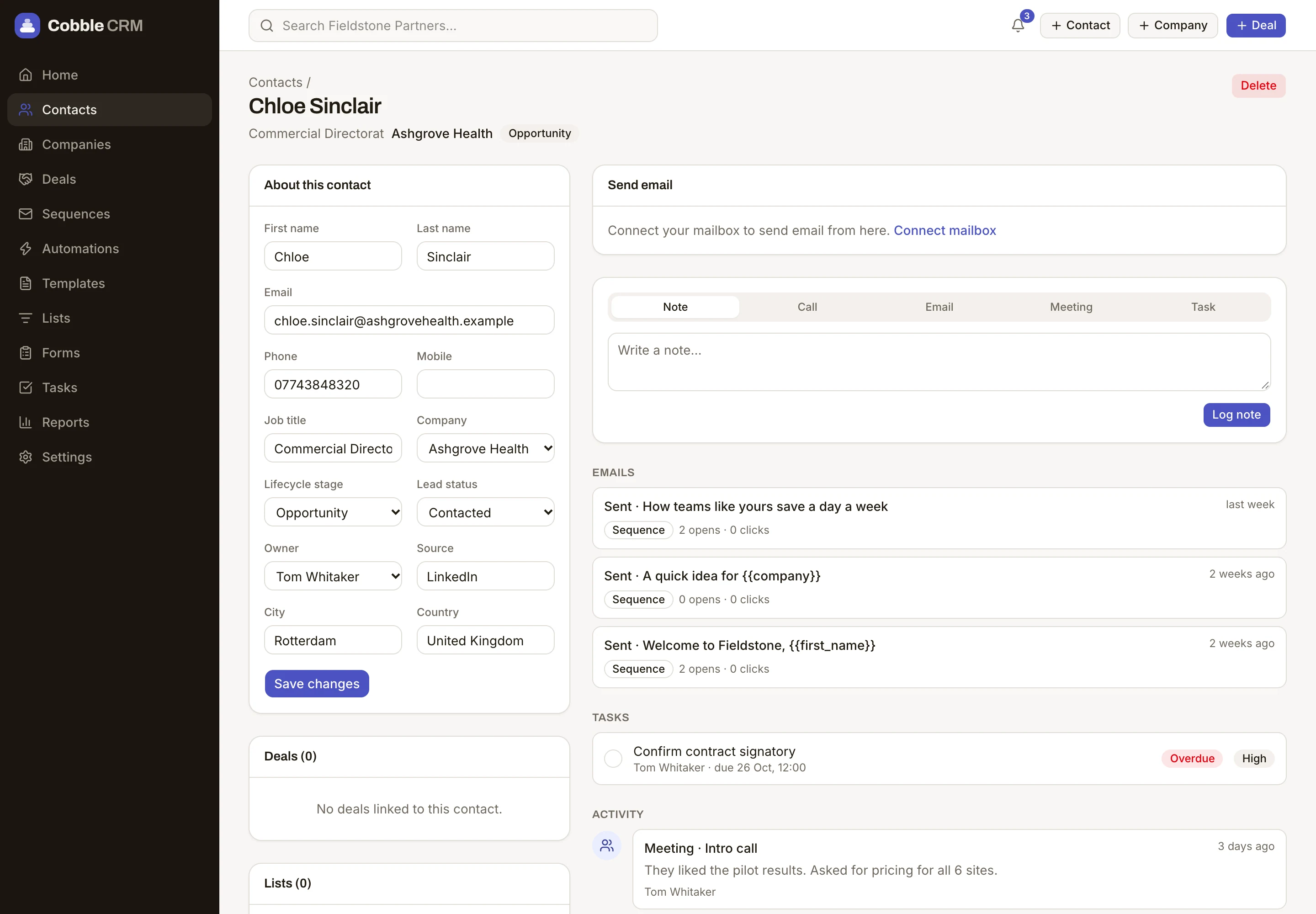 A contact record with a timeline of emails, calls and notes
