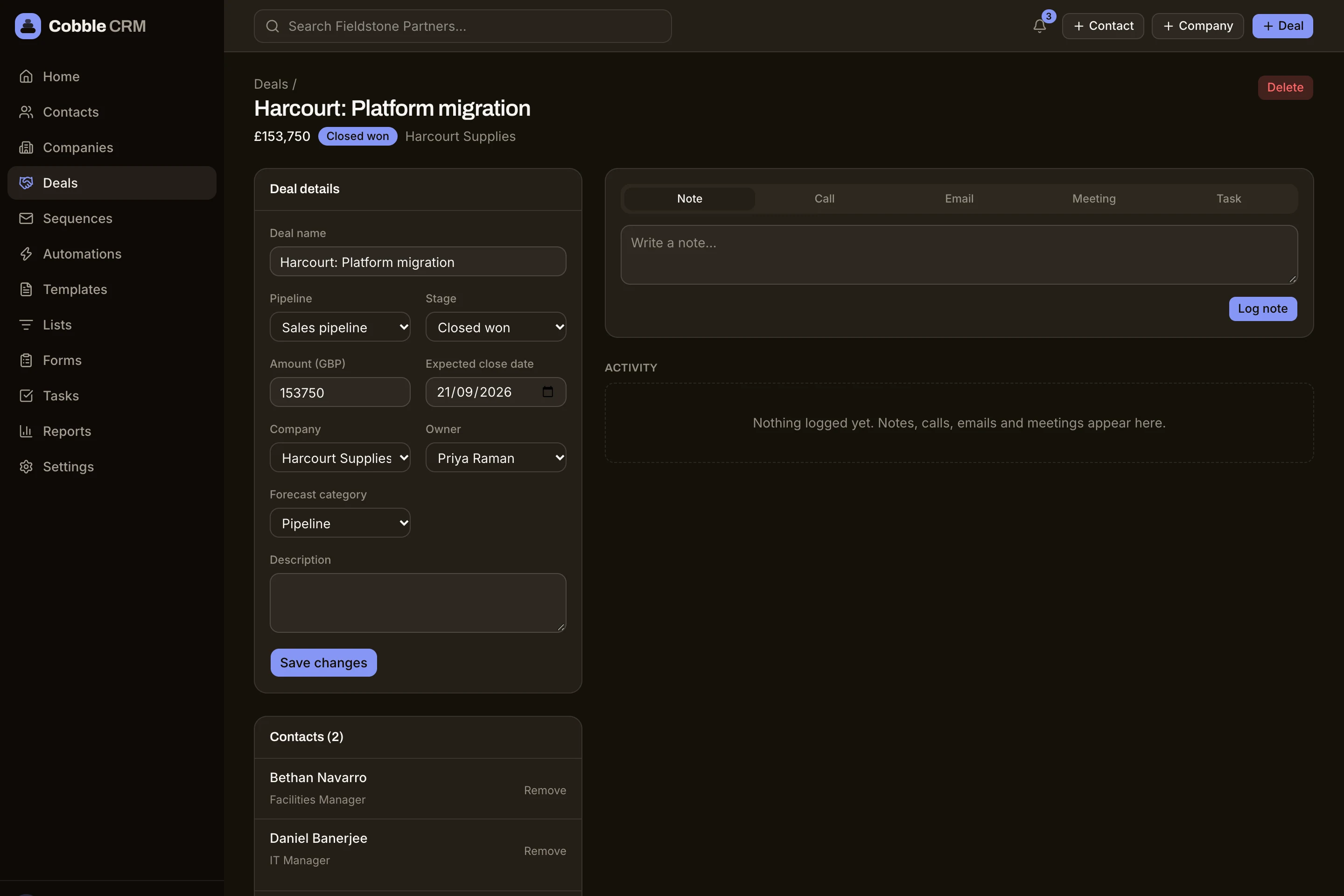 A deal record with its timeline, contacts and next task