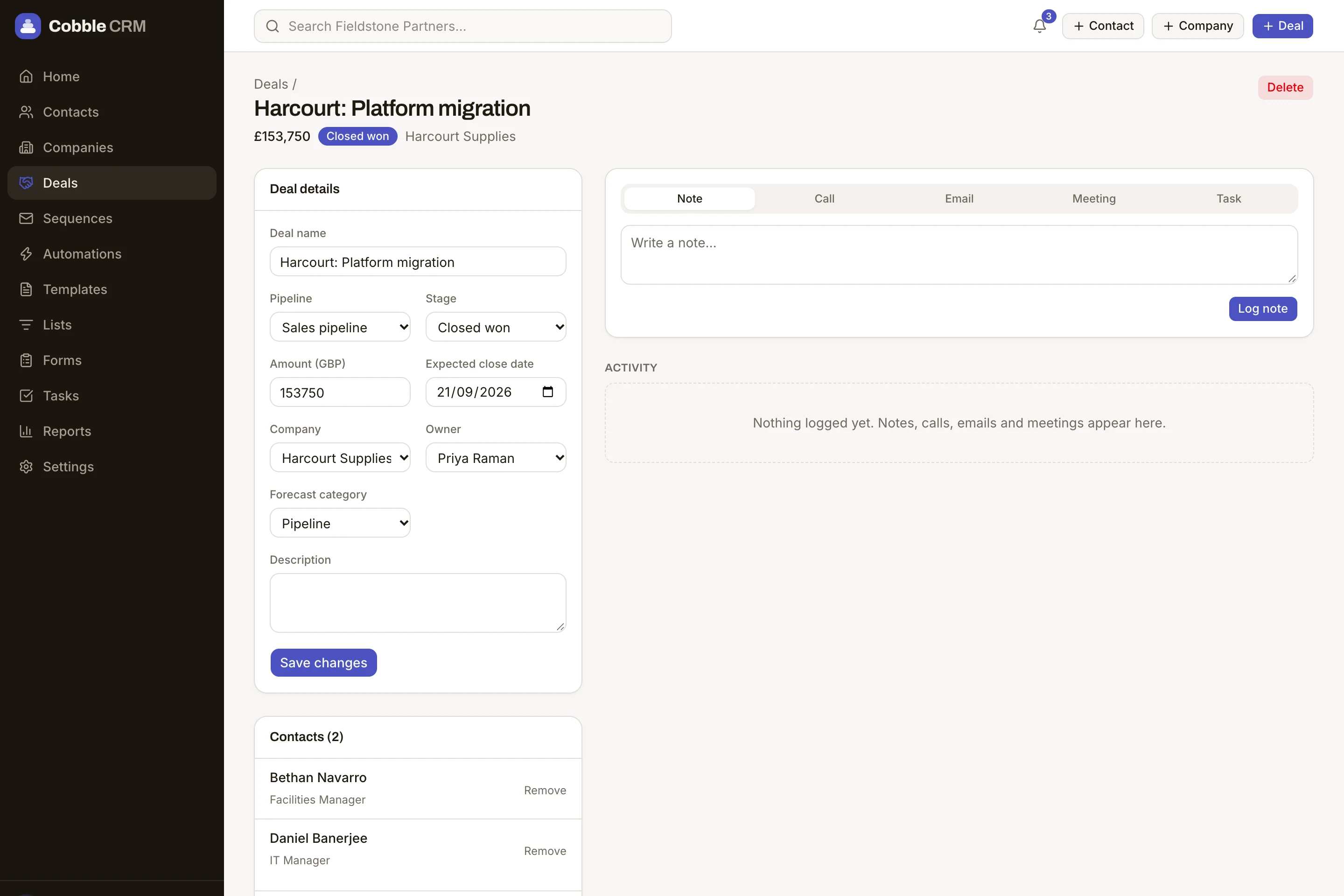 A deal record with its timeline, contacts and next task