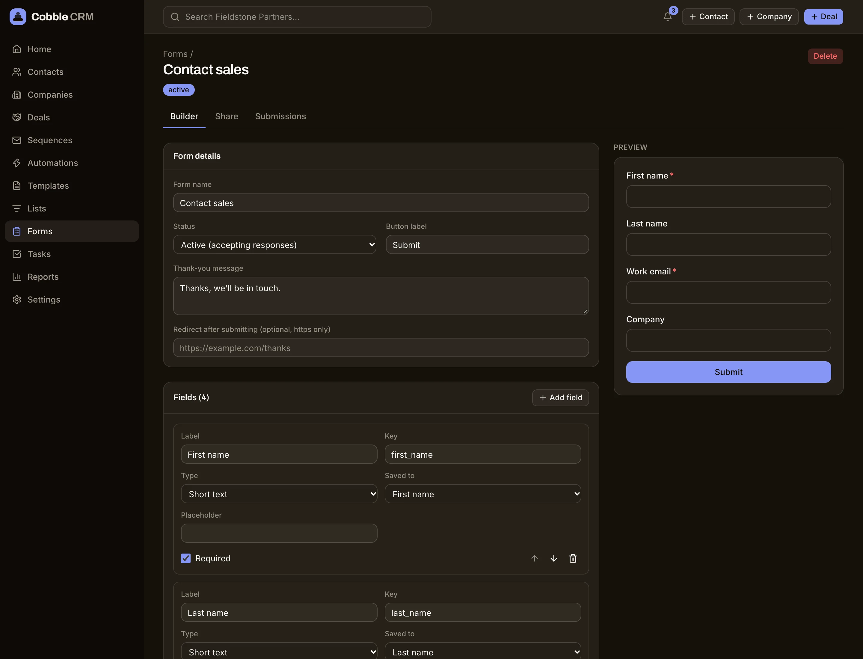 Building a lead capture form in Cobble