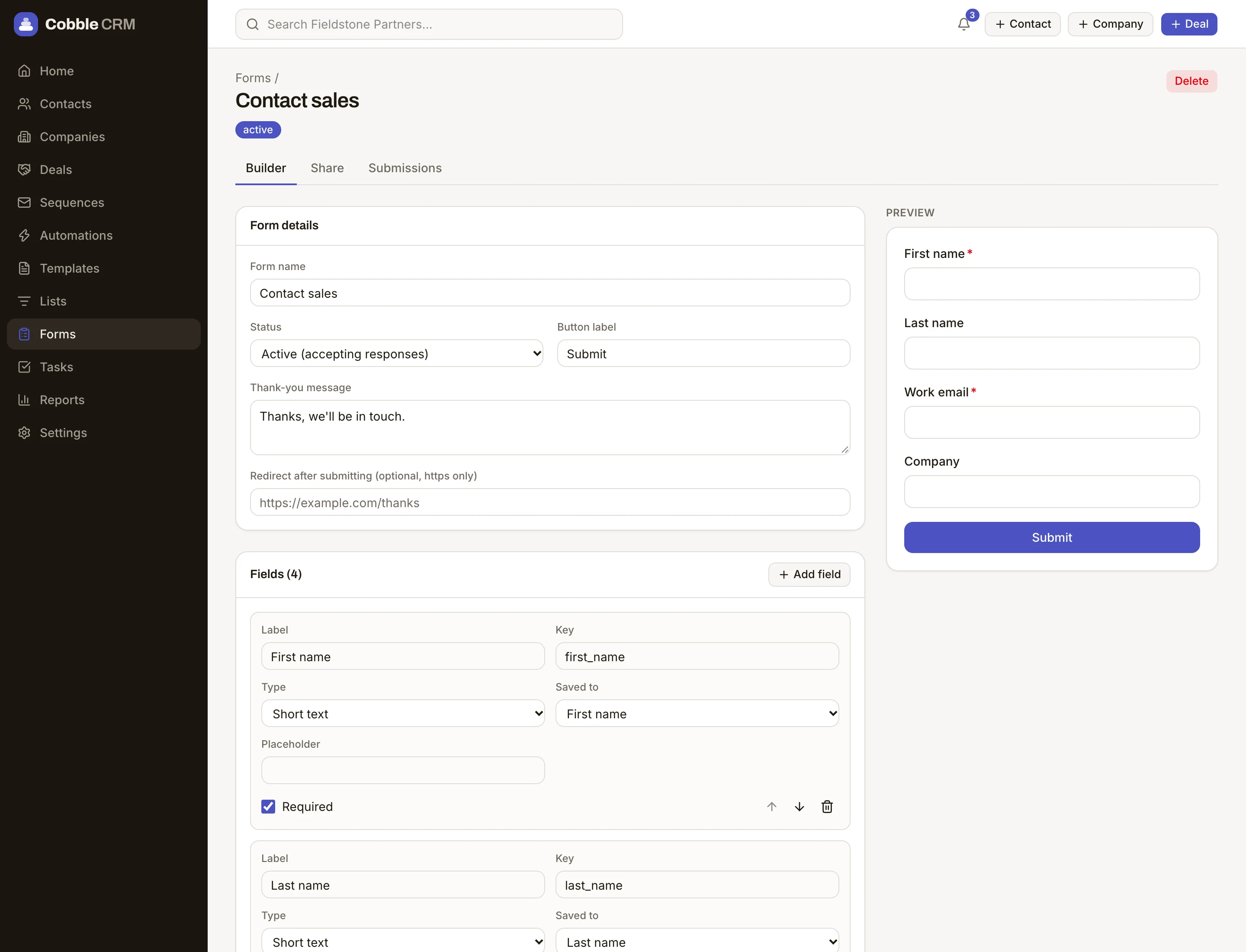 Building a lead capture form in Cobble