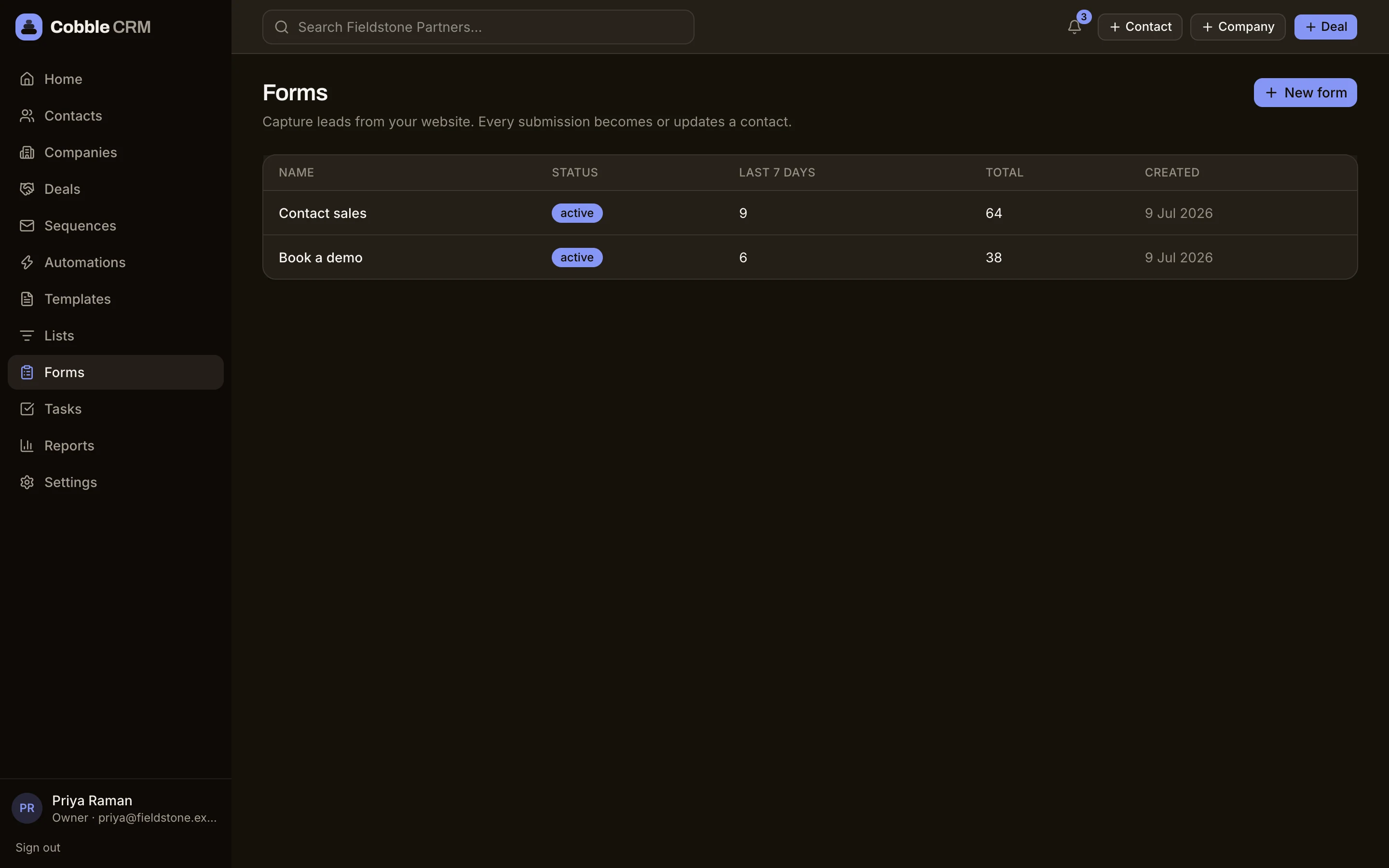 A list of forms with submission counts