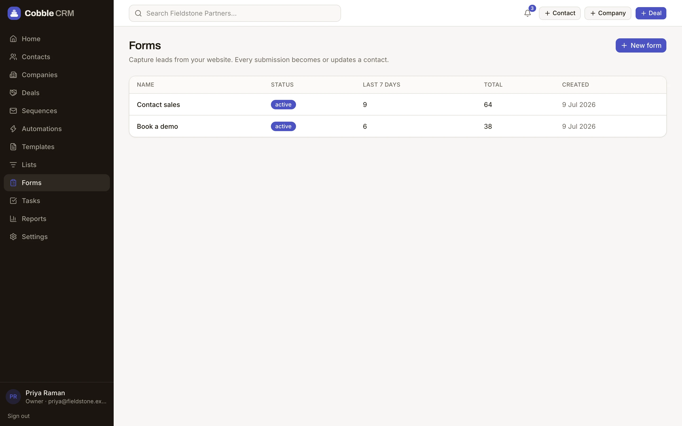 A list of forms with submission counts