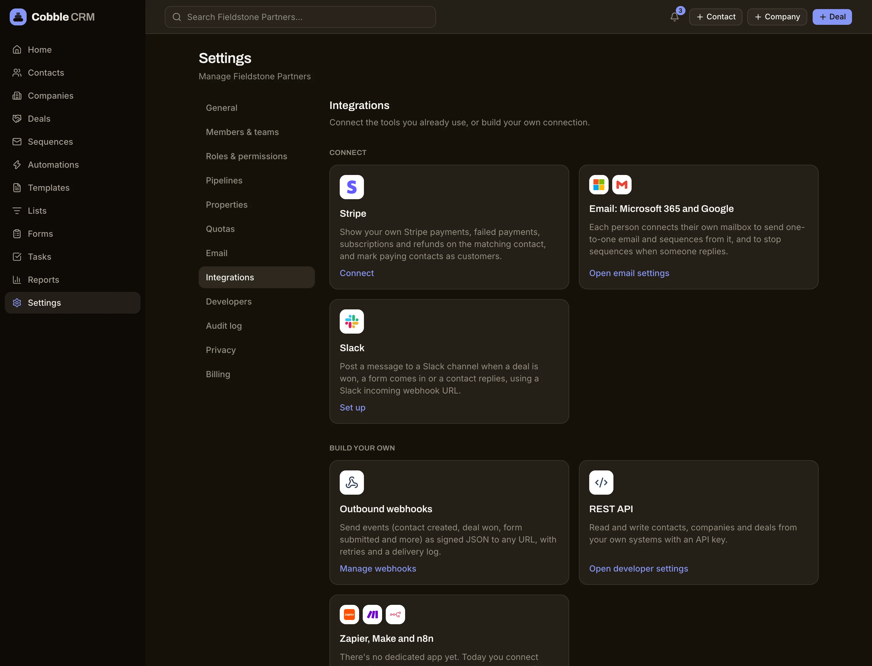 The integrations settings page