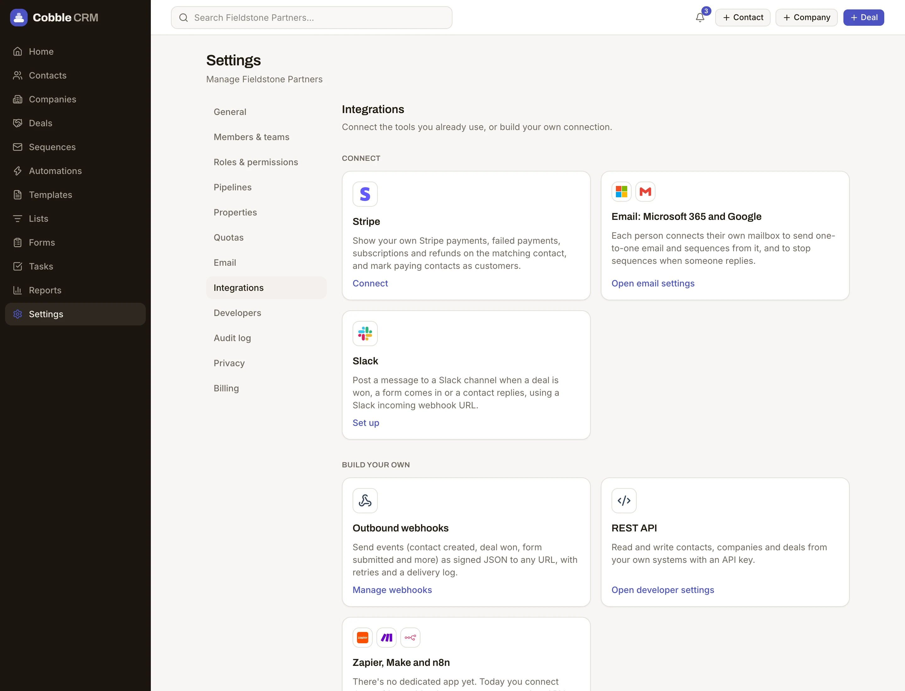 The integrations settings page