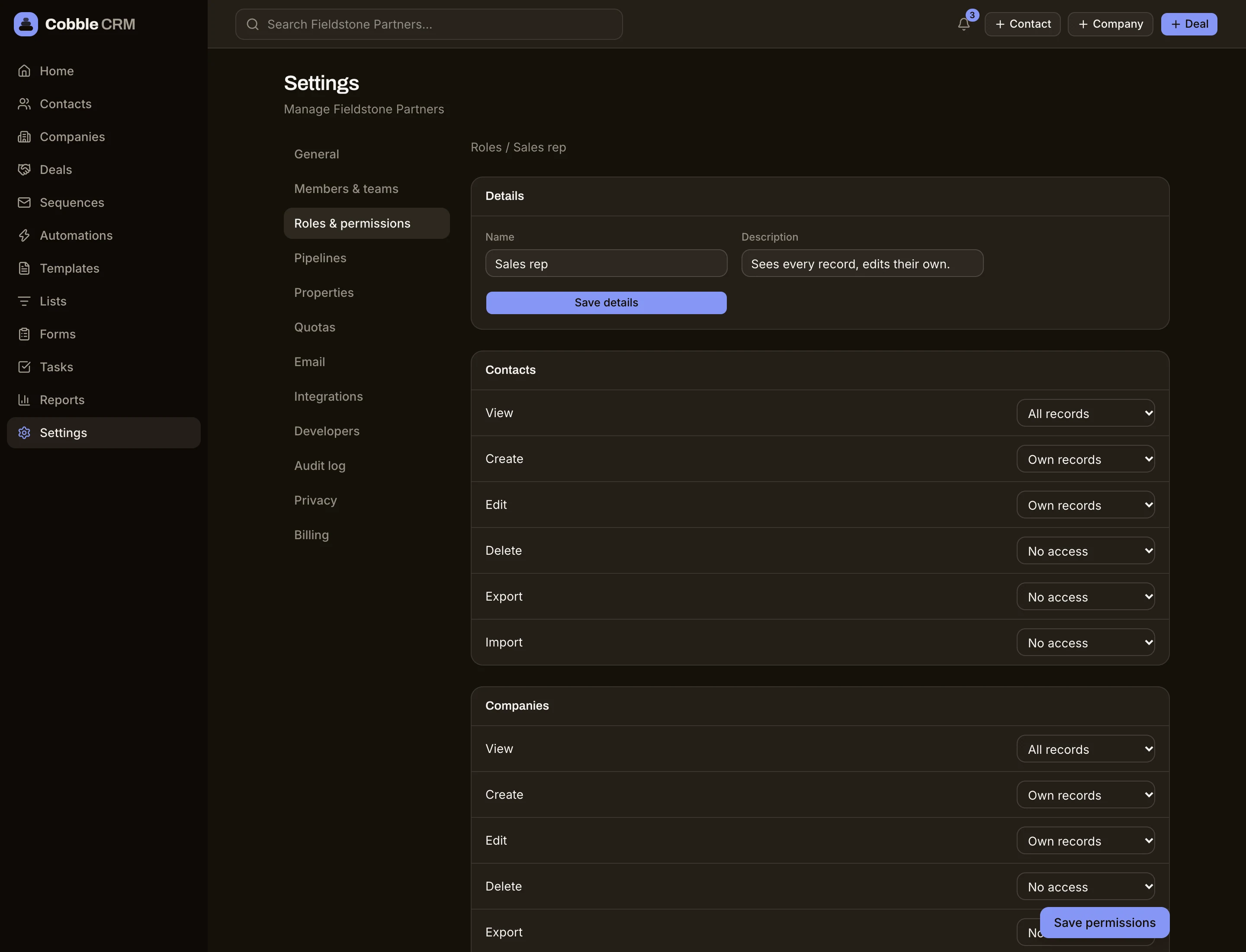 Editing a role's permissions in Cobble