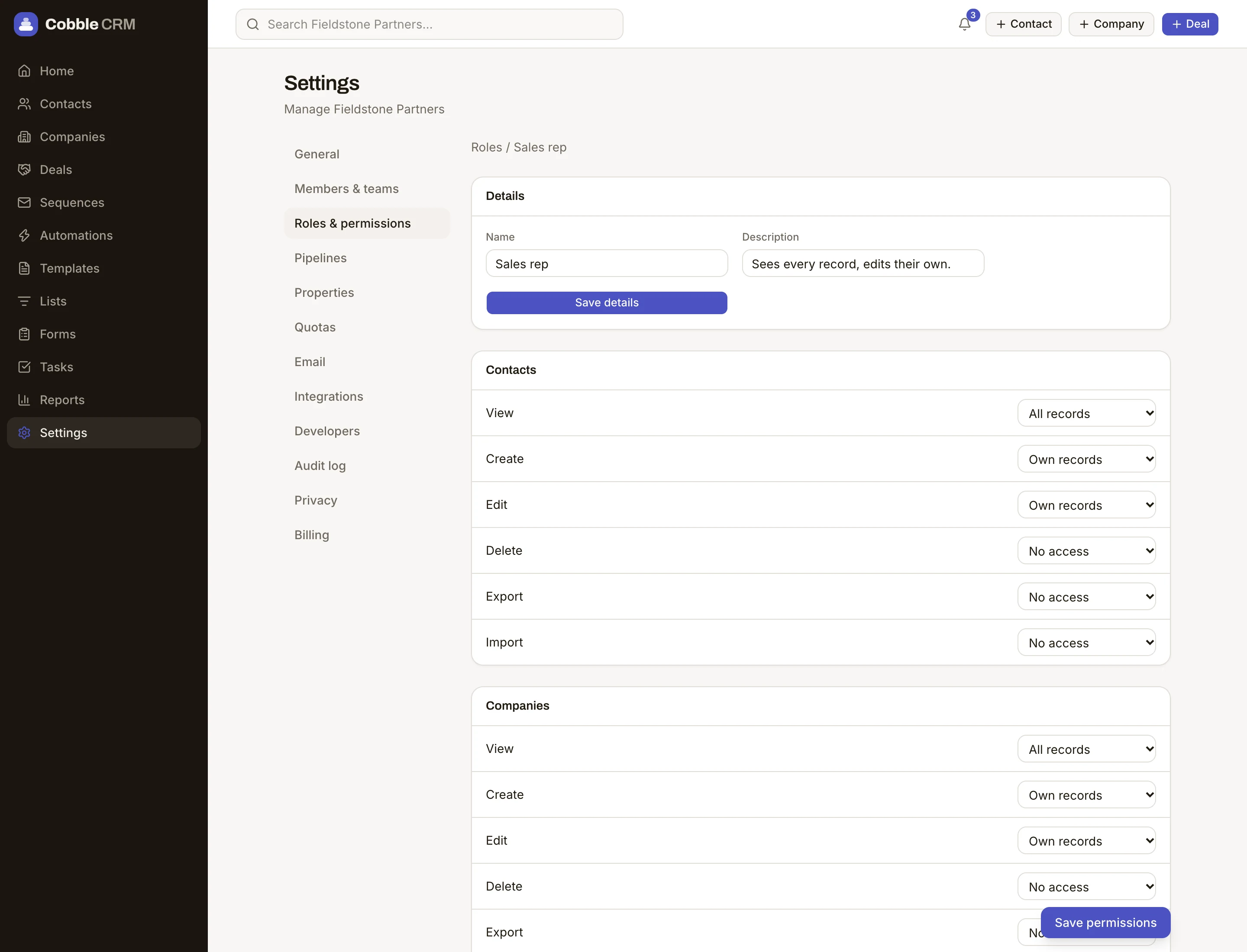 Editing a role's permissions in Cobble