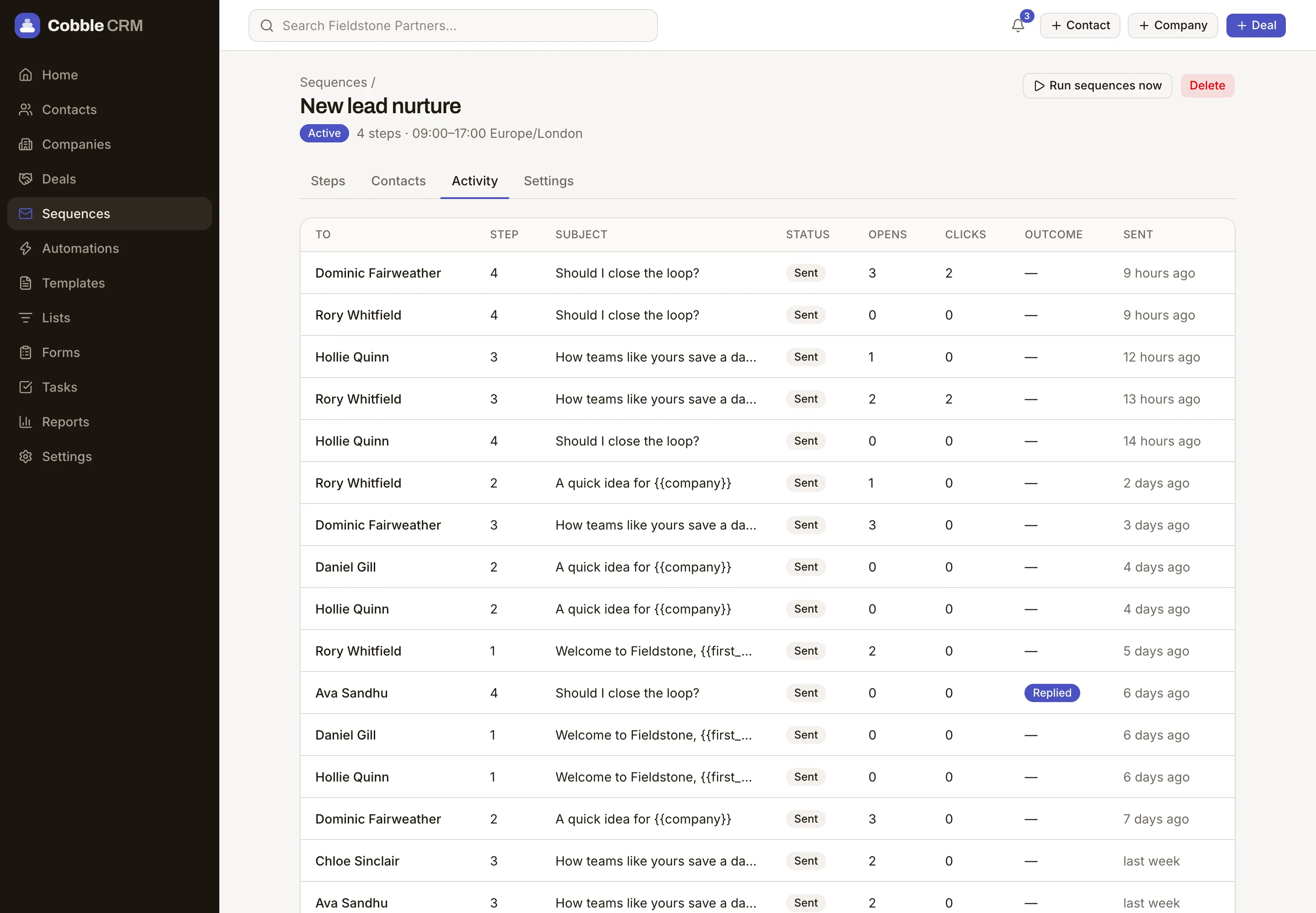 Sequence activity showing sends, opens and replies