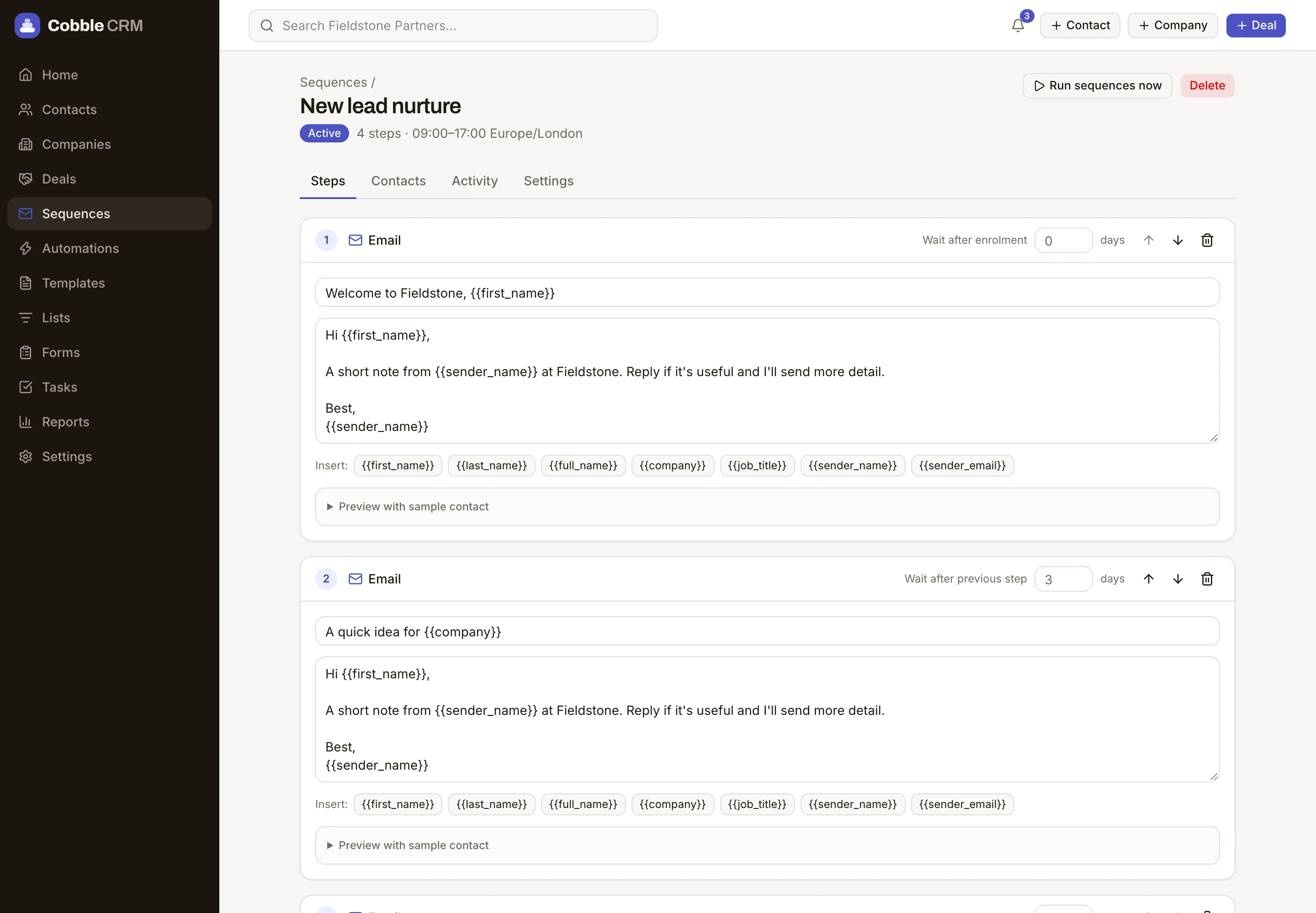 An email sequence with steps, delays and enrolment numbers